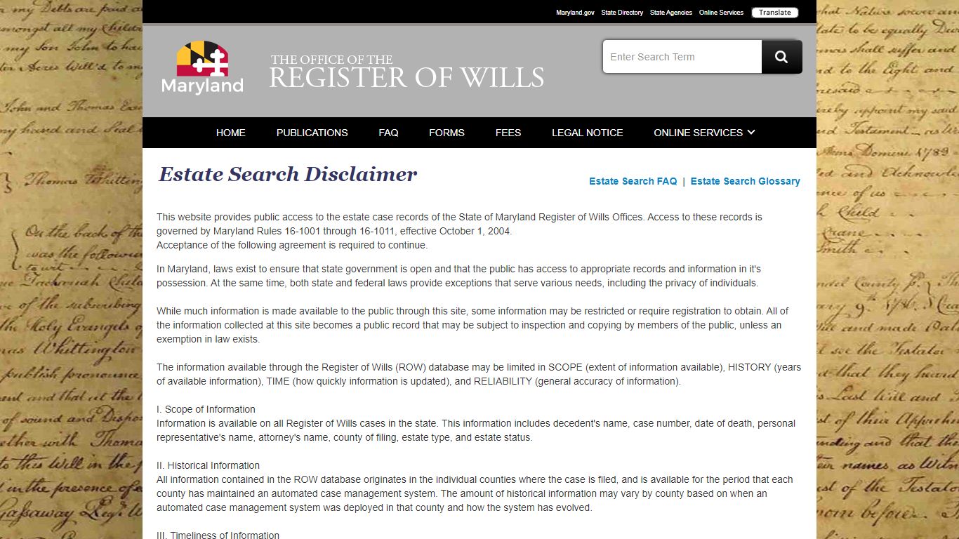 Office Of The Register Of Wills - Estate Search - Maryland