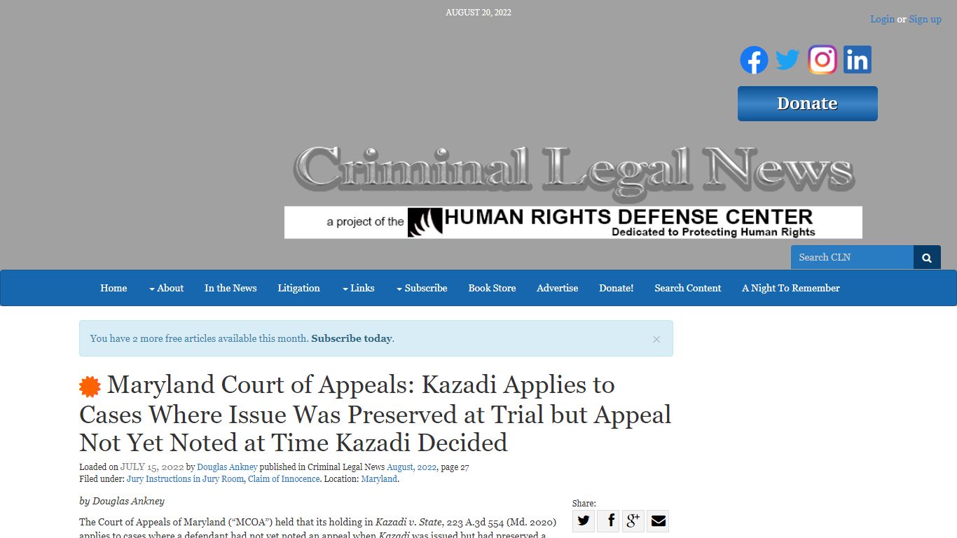 Maryland Court of Appeals: Kazadi Applies to Cases Where Issue Was ...